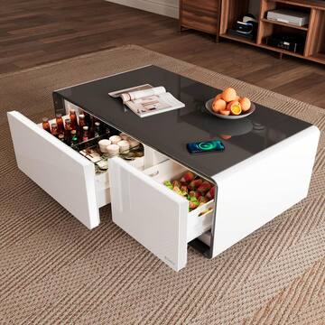 Eureka Ergonomic 41 in. White Rectangle Tempered Glass Smart Coffee Table with Fridge Wireless Charging, USB, Electric outlet ERK-CT-004
