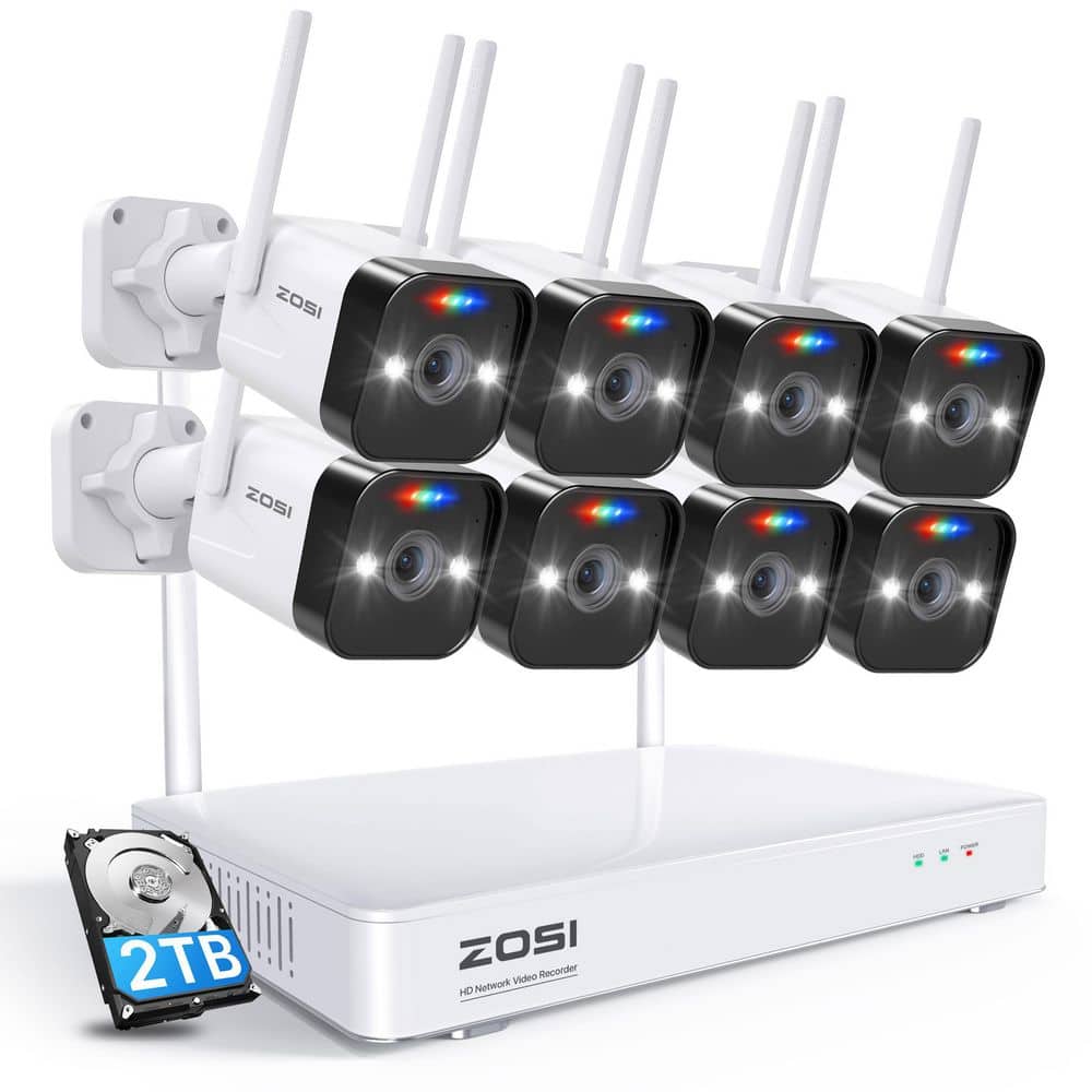 ZOSI H.265 Plus 8-Channel 3MP 2TB Hard Drive NVR Security Camera System with 8 Wireless Outdoor Cameras, 80 ft. Night Vision, White -  ZSWNVK-J83082-W