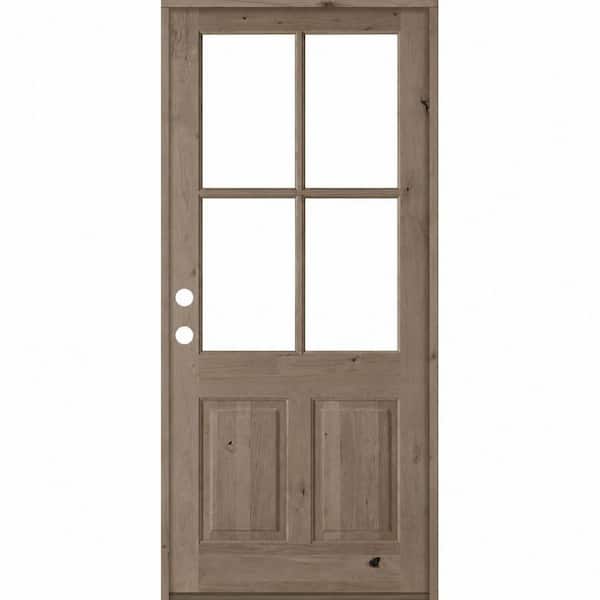 36 in. x 96 in. Knotty Alder Right-Hand/Inswing 4-Lite Clear Glass BEHR Weathered Gray Stain Wood Prehung Front Door