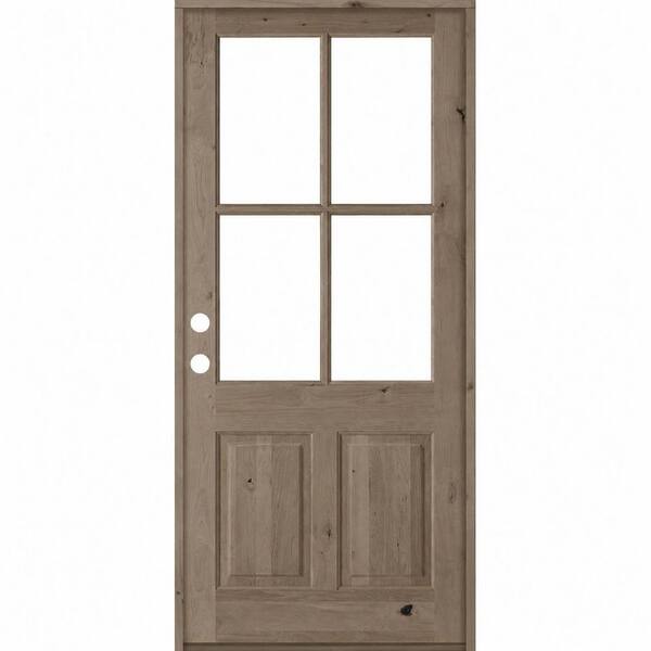 42 in. x 96 in. Knotty Alder Right-Hand/Inswing 4-Lite Clear Glass BEHR Weathered Gray Stain Wood Prehung Front Door
