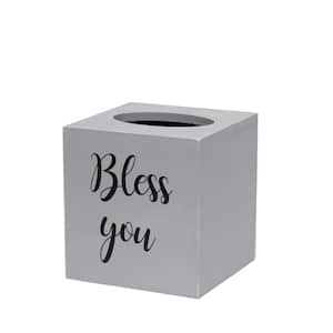 Gray Wash Wooden Decorative Tissue Box with "Bless you" Script in Black and Sliding Base for Vanity, Bathroom, Bedroom