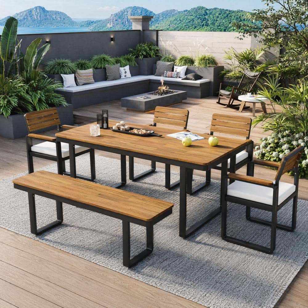 Grovefield 6-Piece Black Steel and Brown Acacia Wood Outdoor Patio