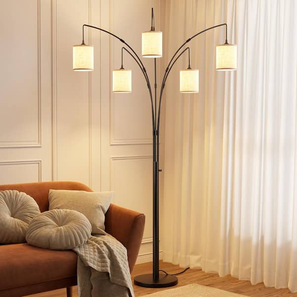 83.5 in. Black Tree Floor Lamp, 5 Lights Standing Lamp with Drum Linen Lampshade, Modern Arc Floor Lamps for Living Room