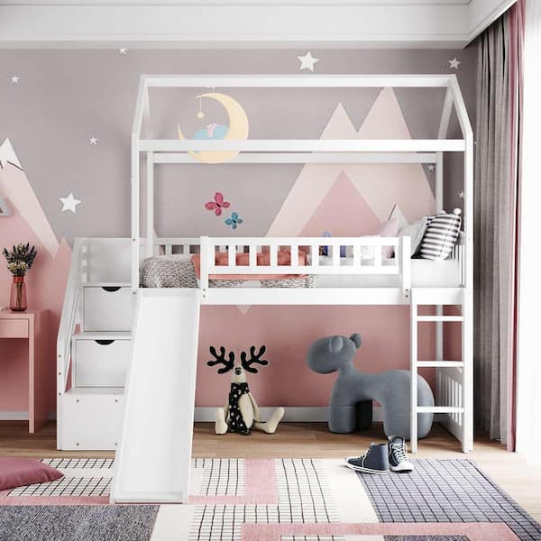 White Twin Wood Loft Bed with Two Drawers and Slide, House Bed with Slide