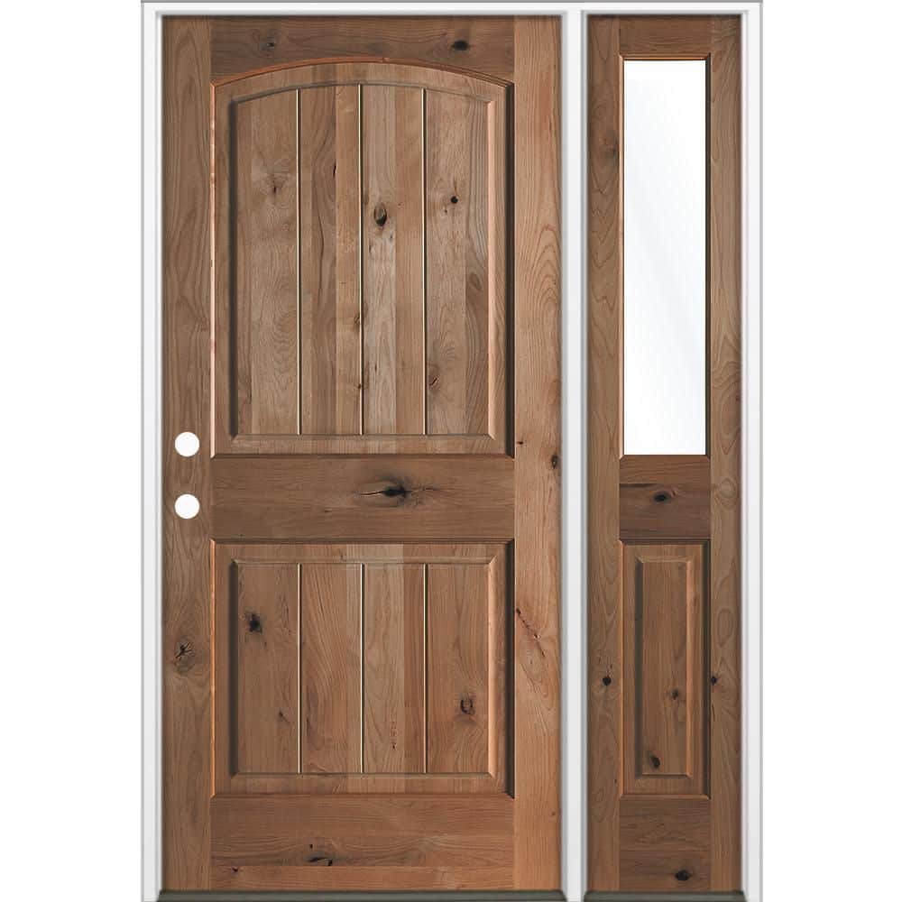 56 in. x 80 in. Knotty Alder Arch Top Right-Hand/Inswing Clear Glass BEHR True Black Stain Wood Prehung Front Door RHSL price history on PriceWatchPro