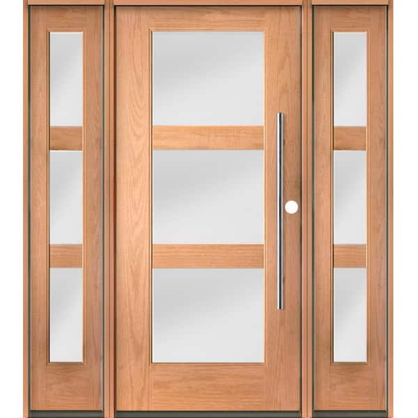Krosswood Doors Modern Faux Pivot 64 in. x 80 in. 3-Lite Left-Hand/Inswing Satin Glass Teak Stain Fiberglass Prehung Front Door w/DSL