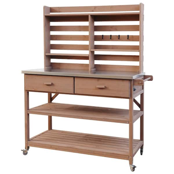 47.5 in. W x 65 in. H Brown Solid Wood Potting Bench with Stainless Steel Top, Lockable Wheels, Upper Hutch