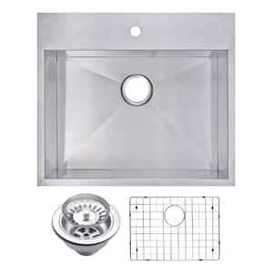 Drop-In Stainless Steel 25 in. 1 Hole Single Bowl Kitchen Sink with Strainer and Grid in Satin