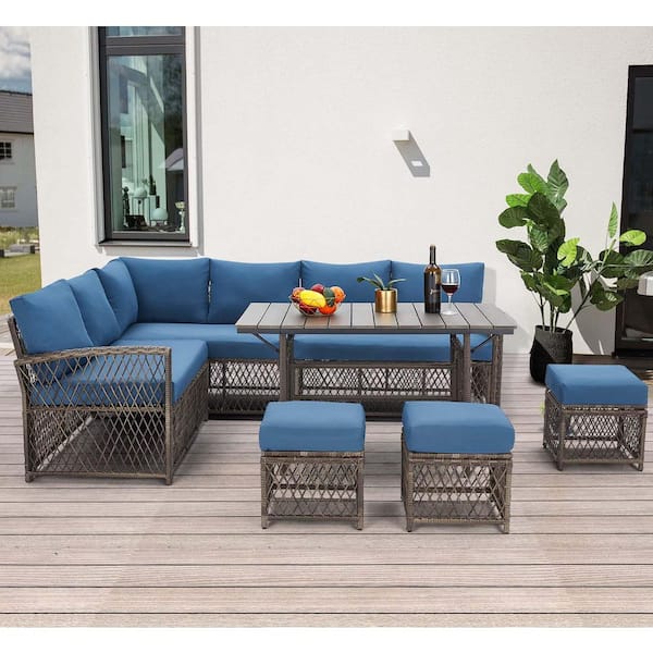 7-Piece Gray Wicker Outdoor Sectional Sofa Set with Blue Cushions and 1-Dining Table
