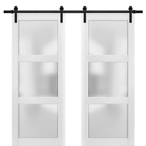 Sartodoors 48 in. x 96 in. 3-Lite Frosted Glass White Finished Pine Wood Sliding Barn Door with Hardware Kit