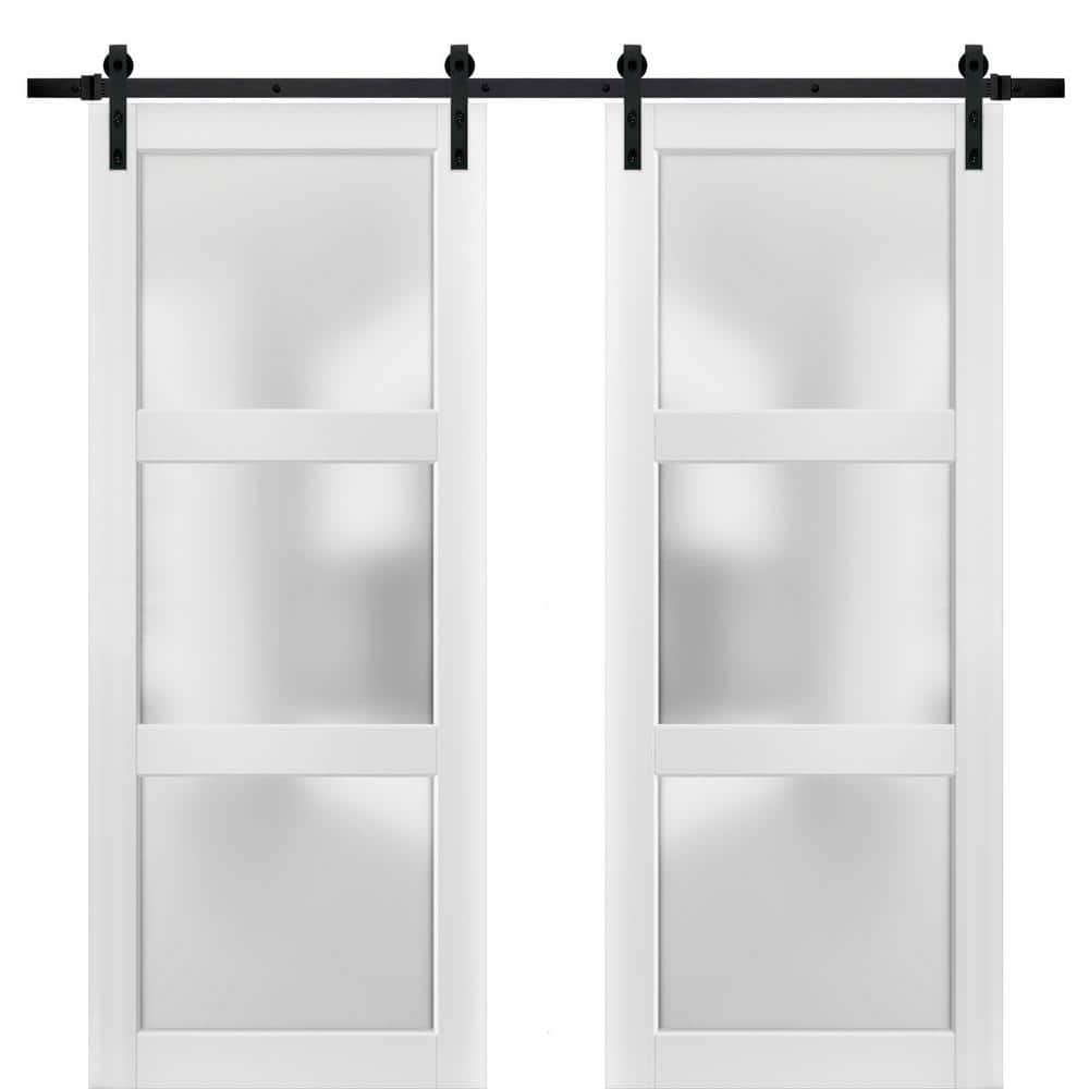 2552 56 in. x 84 in. 3-Lite Frosted Glass White Finished Pine Wood Sliding Barn Door with Hardware Kit price history on PriceWatchPro