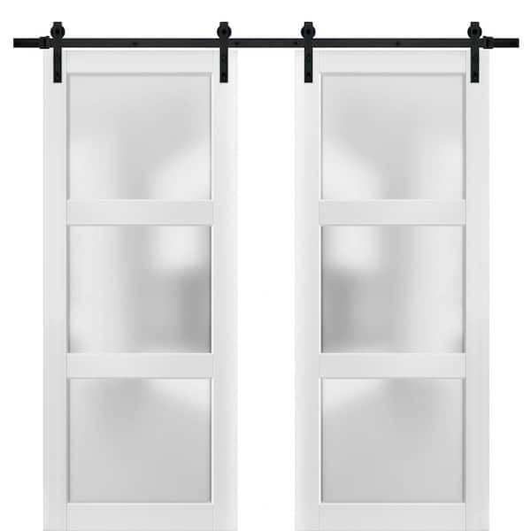60 in. x 84 in. 3-Lite Frosted Glass White Finished Pine Wood Sliding Barn Door with Hardware Kit