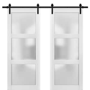2552 64 in. x 96 in. 3 lite Frosted Glass White Finished Pine Wood Sliding Barn Door with Hardware Kit