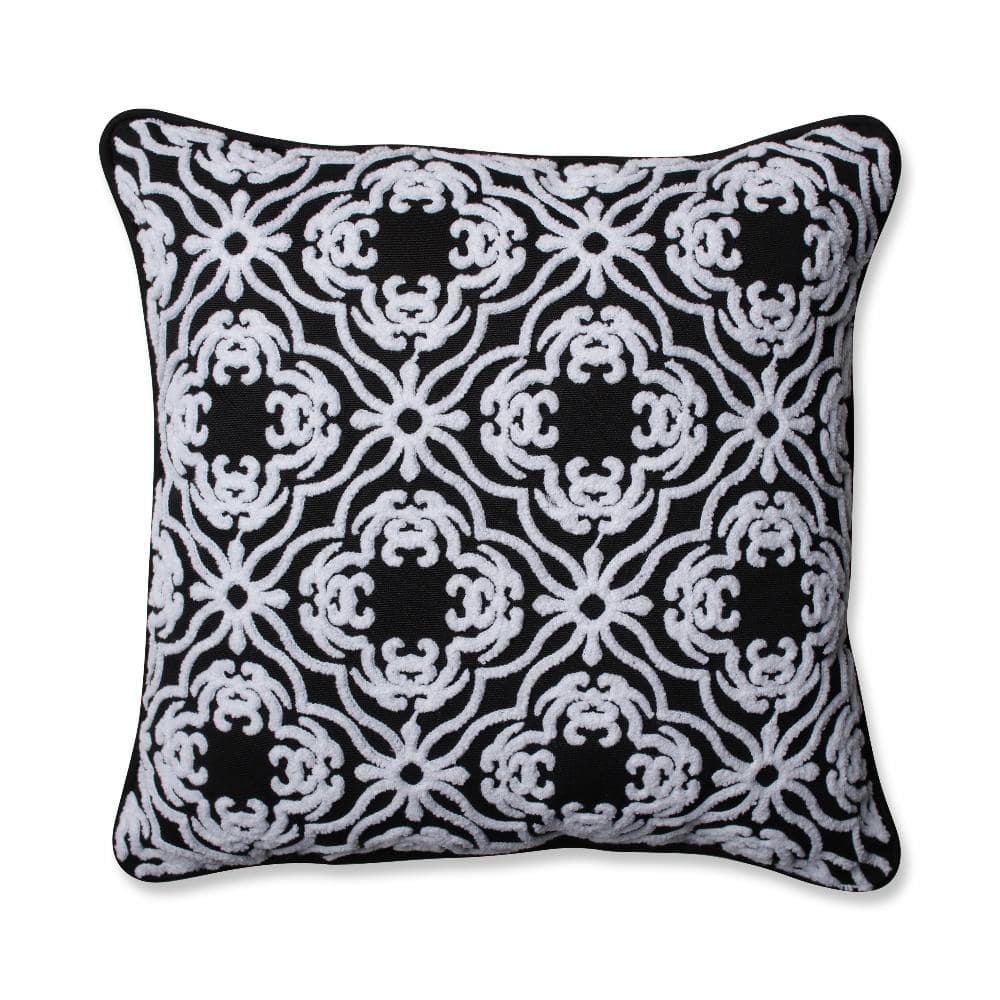Black and White Embroidered Square Outdoor Pillow