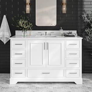 Stafford 55 in. W x 22 in. D x 35.25 in. H Single Sink Freestanding Bath Vanity in White with Carrara White Marble Top