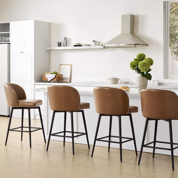 Cynthia 30 in. Saddle Brown High Back Metal Swivel Bar Stool with Faux Leather Seat (Set of 2)