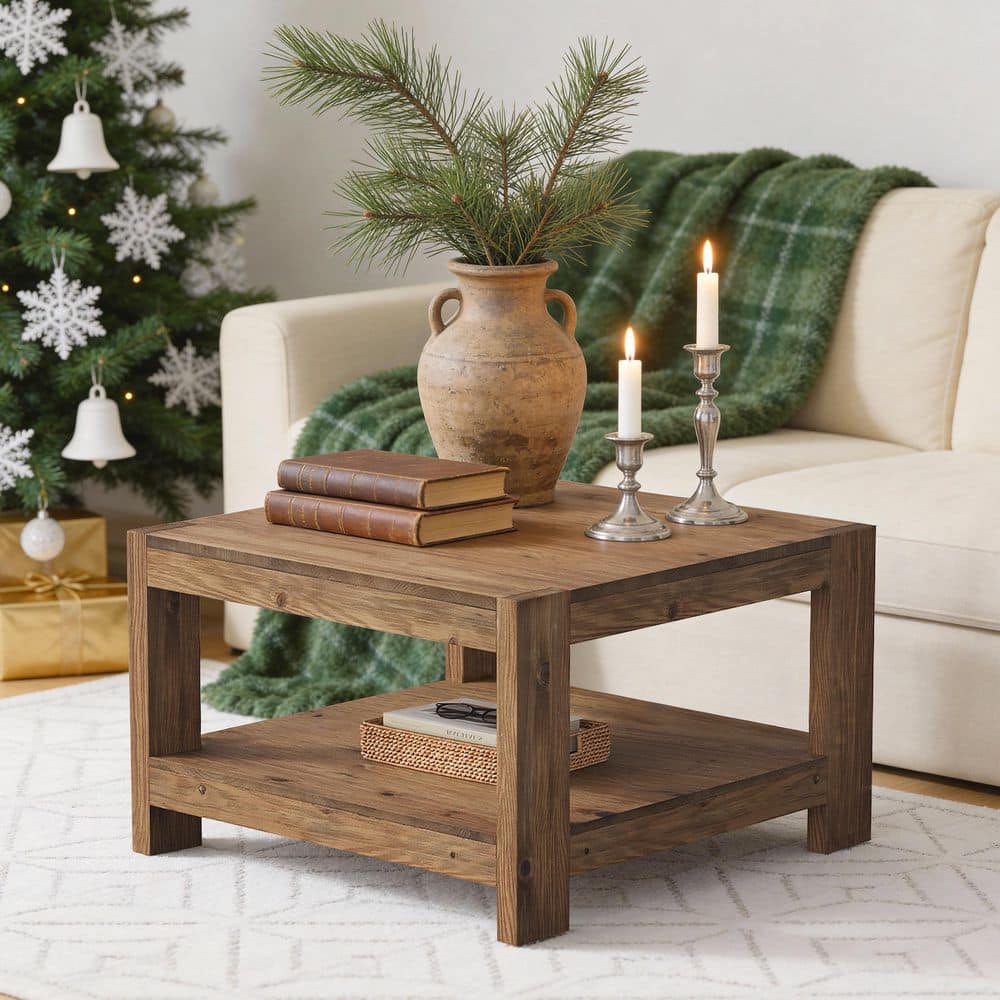 Allan 31.5 in. Rustic Brown Square Solid Wood Coffee Table with Storage Shelf, 2-Tier Farmhouse Center Cocktail Table