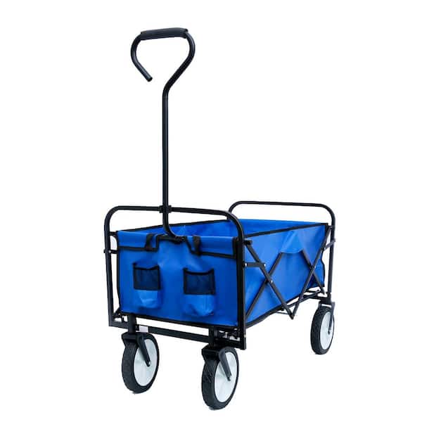 BTMWAY Blue Collapsible 4 cu ft Fabric Steel Frame Garden Cart for Shopping Beach Outdoor Folding Wagon with Adjustable Handle