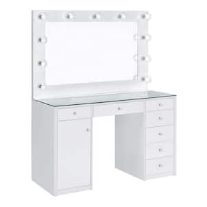 Percy 2-Piece White Glass Top 7-drawer Makeup Vanity Desk with Lighting