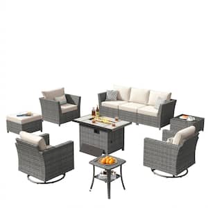 Bexley Gray 10-Piece Wicker Rectangle Fire Pit Patio Conversation Set with Fine-Stripe Beige Cushions and Swivel Chairs