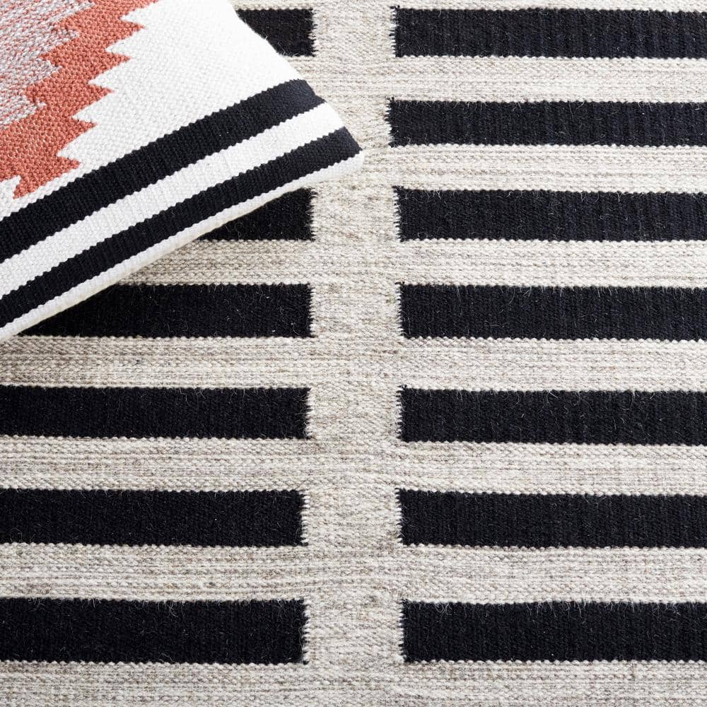 Black and Beige Striped Wool Flat Woven Area Rug