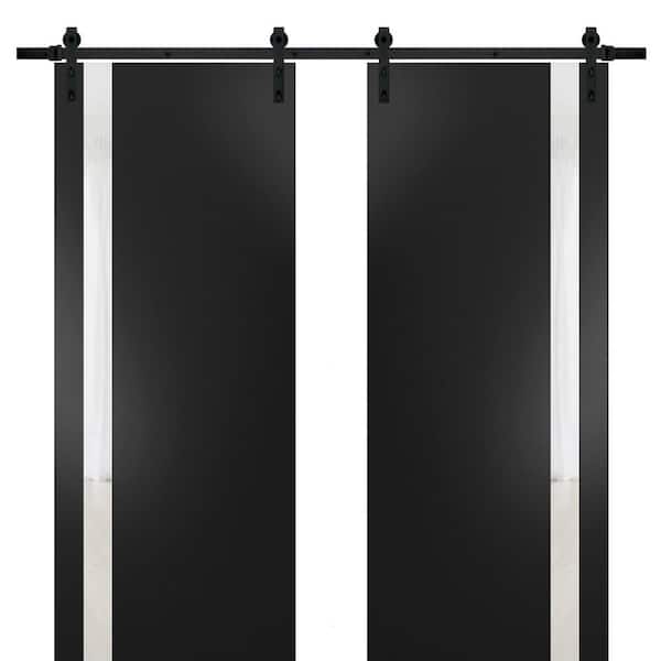Sartodoors 32 in. x 96 in. 2 Panel Frosted Glass Black Matte Solid Wood Sliding Barn Door with Hardware Kit