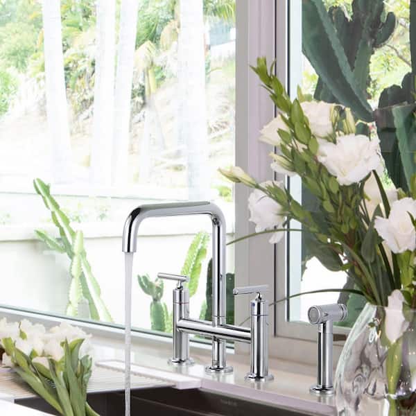 Brass Double Handle Bridge Kitchen Faucet, Deck Mount Kitchen Sink Faucet with Side Sprayer in Chrome