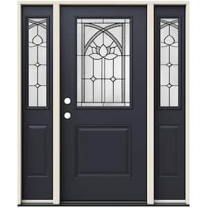 36 in. x 80 in. Right-Hand/Inswing 1/2 Lite Ardsley Decorative Glass Black Steel Prehung Front Door with Sidelites