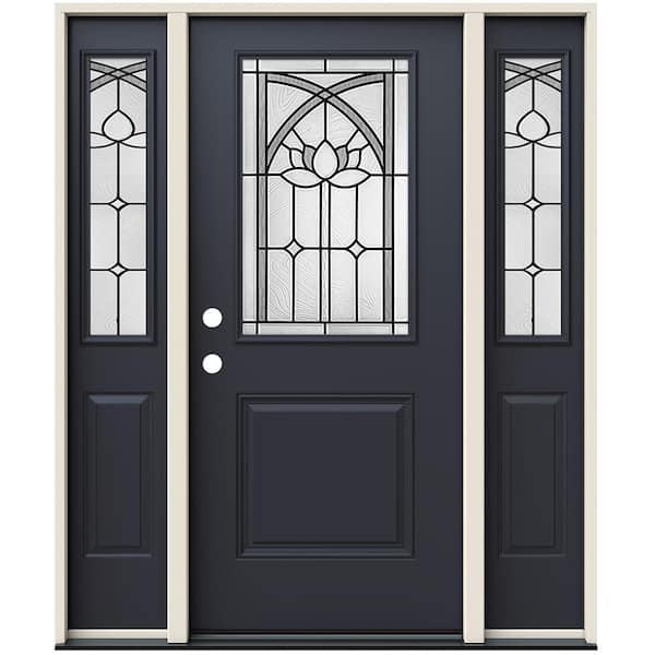 JELD-WEN 36 in. x 80 in. Right-Hand/Inswing 1/2 Lite Ardsley Decorative Glass Black Steel Prehung Front Door with Sidelites