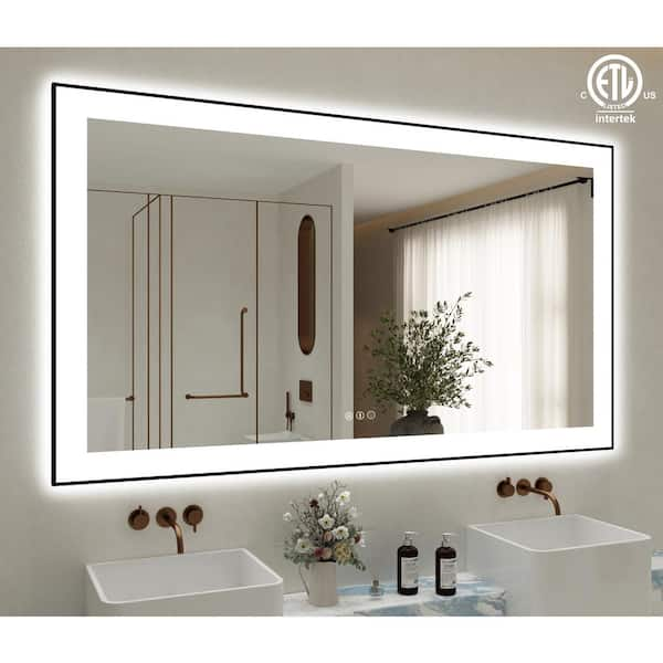 60 in. W x 36 in. H Rectangular Aluminum Framed Backlit and Front light LED wall mounted Bathroom Vanity Mirror in Black