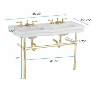 White Vitreous China Double Basin Bathroom Console Sink 46 3/4" W with Bistro Legs Pedestal, Towel Bar