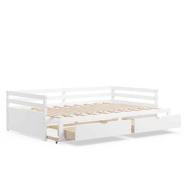 Costway White Convertible Twin to King Daybed with 2-Drawers Wooden Sofa Bed for Bedroom Living Room