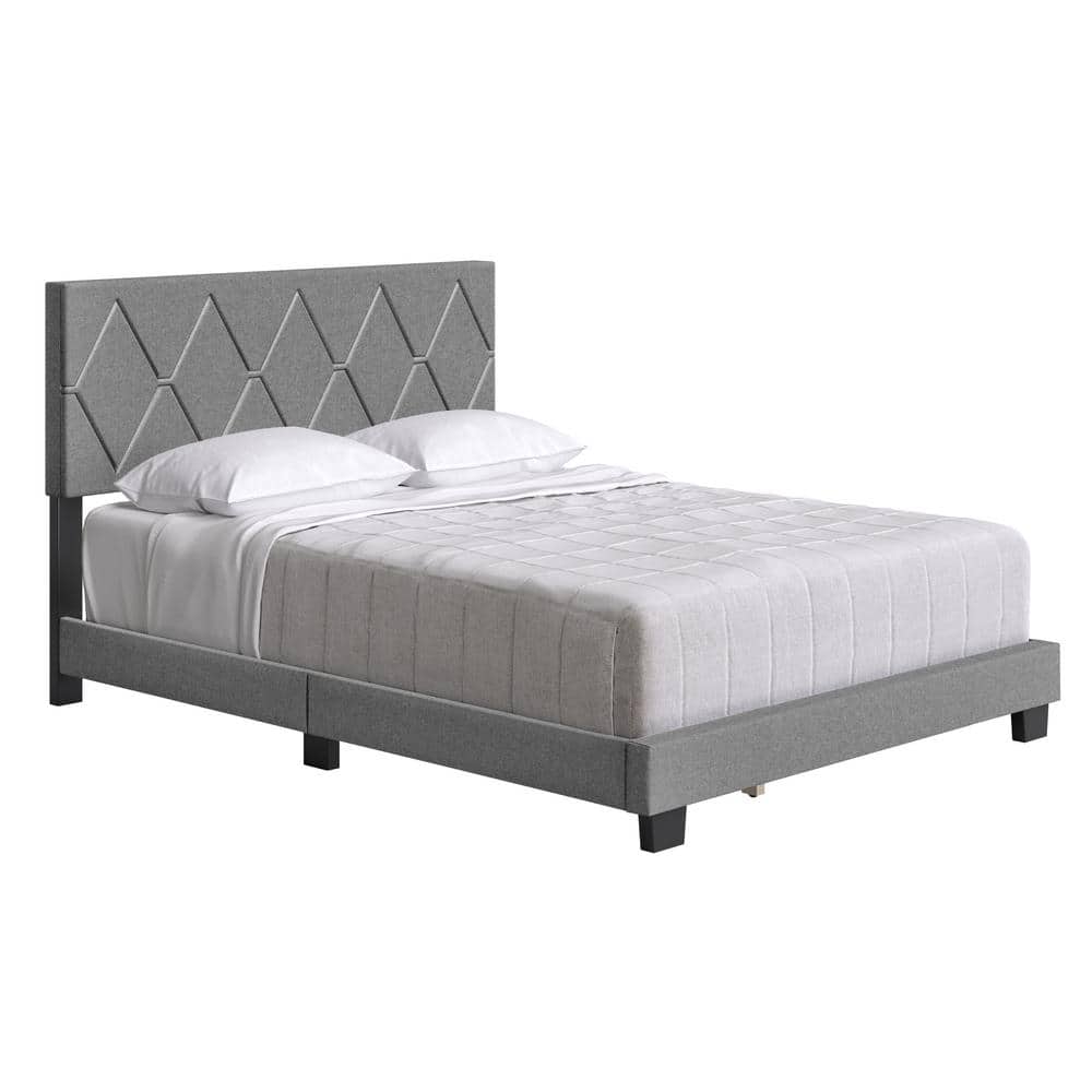 Diamond Upholstered Linen Platform Bed, King, Gray