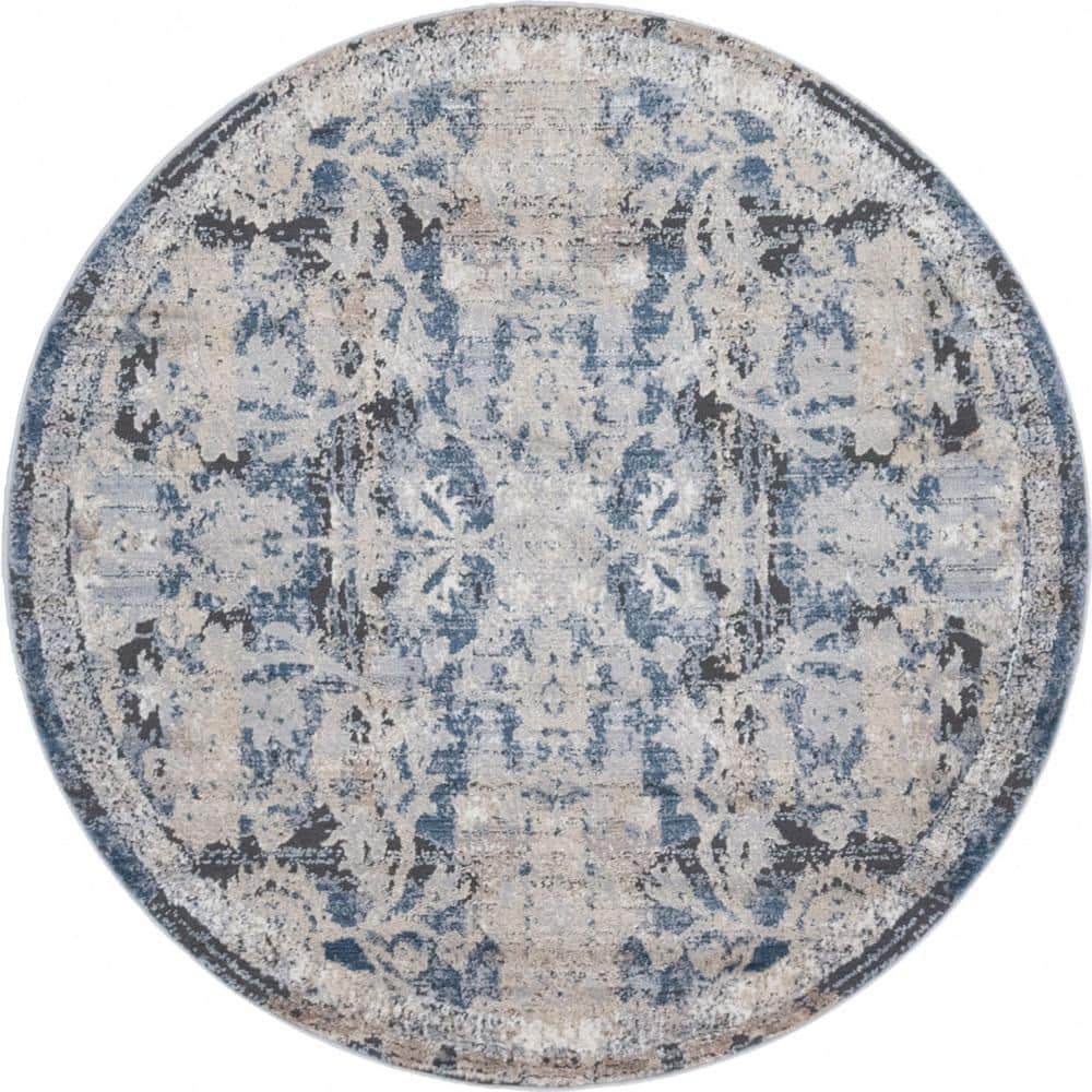 Unique Loom Portland Albany Beige/Navy Blue 5 ft. x 5 ft. Round Area