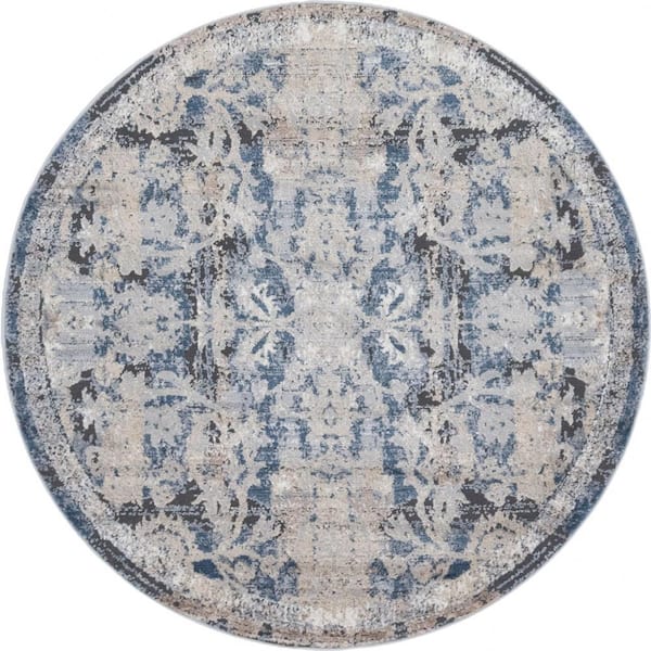 Unique Loom Portland Albany Beige/Navy Blue 5 ft. x 5 ft. Round Area Rug