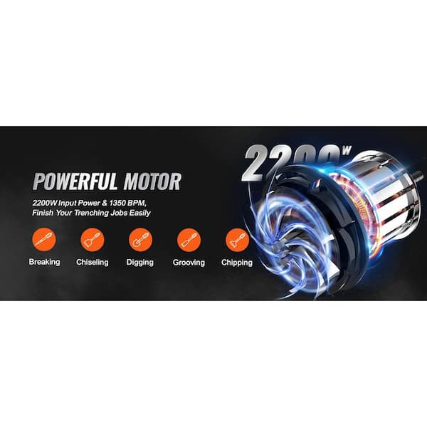 Demolition Jack Hammer, 25.6 x 4.7 in. 2200W Electric Jackhammer Heavy Duty 1350 BPM Concrete Breaker, 2-pcs Chisels Bit