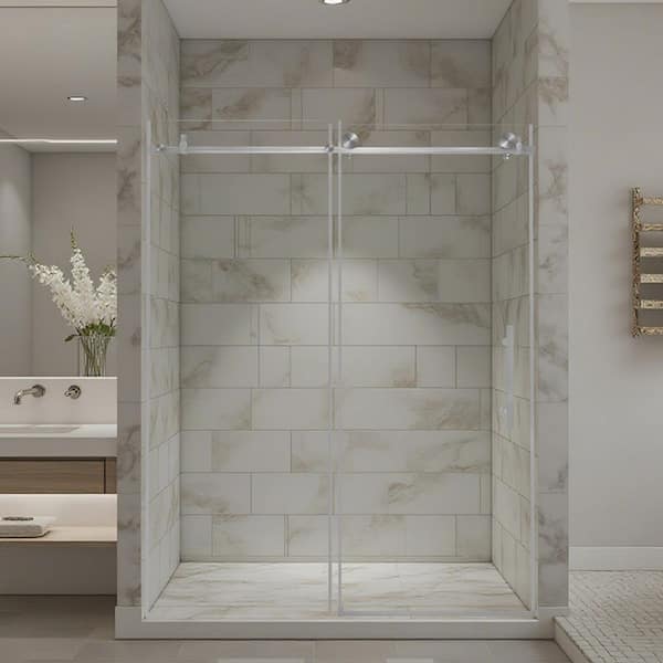 56-60 in. W x 76 in. H Single Sliding Frameless Shower Door in Brushed Nickel with Clear Glass