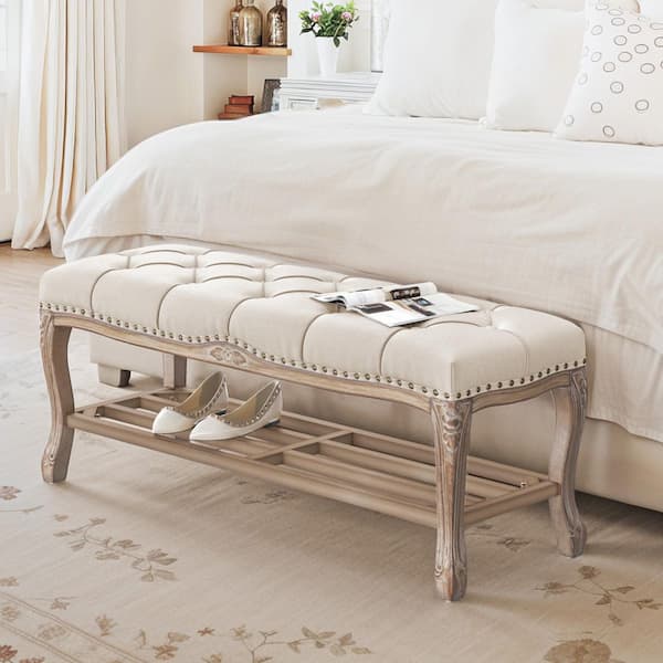 45.3 in. JULIOO Beige White Color Fabric Wood Frame Nailhead-Decorated Armless Bench With Storage Rack