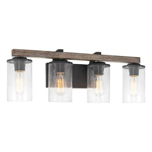 Oakmont 9.75 in. 4-Lights Textured Black with Reclaimed Oak Wood Style Farmhouse Bathroom Vanity Light