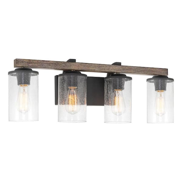 Kira Home Oakmont 9.75 in. 4-Lights Textured Black with Reclaimed Oak Wood Style Farmhouse Bathroom Vanity Light