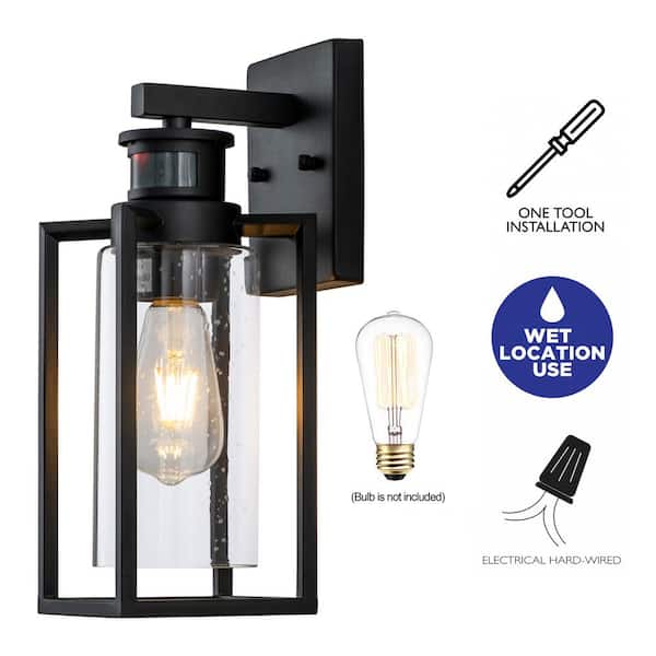 1-Light Matte Black Motion Sensing Dusk to Dawn Not-Solar Outdoor Wall  Lantern Sconce with Clear Seeded Glass