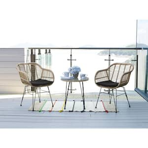 3-Piece Metal Outdoor Bistro Set with Round Table, PE Rattan Casual Outdoor Set Natural with Black Cushions