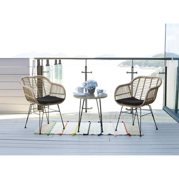 Unbranded 3-Piece Metal Outdoor Bistro Set with Round Table, PE Rattan Casual Outdoor Set Natural with Black Cushions