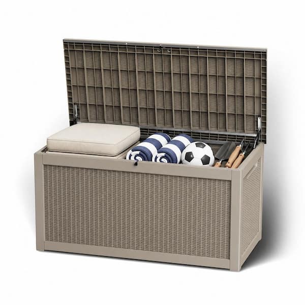 260 Gal. Resin Deck Box Lockable Lid Outdoor Storage Box in Light Brown for Cushions, Tools, Pool Supplies