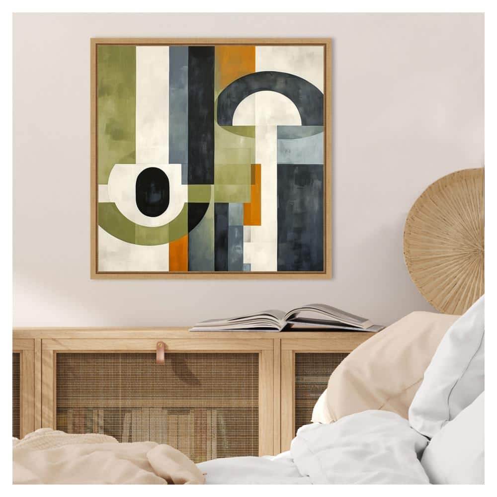 Sage Green and Orange Abstract Canvas Print with Maple Frame