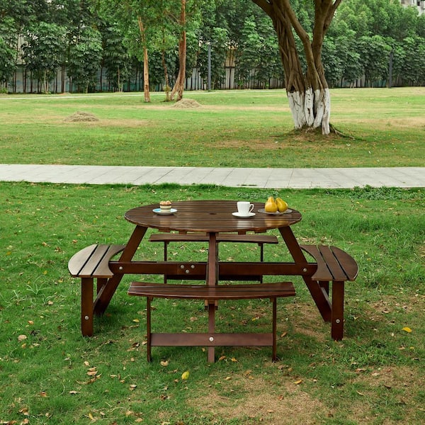 Unbranded 70 in. Outdoor Round Wood Picnic Tables Seats 8-People, with 4 Built-In Benches, Umbrella Hole, for Garden, Brown