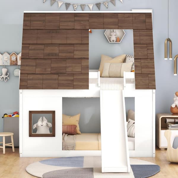 House-Shaped Design Wood Twin Size Bunk Bed with Roof, Ladder and 2 Windows, White/Brown