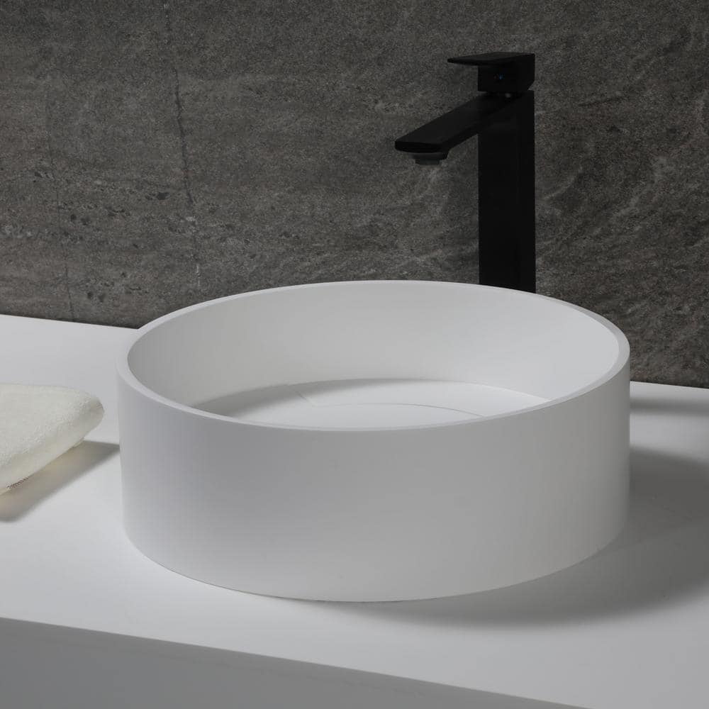 Matte White Resin Circular Bathroom Sink with Concealed Drain