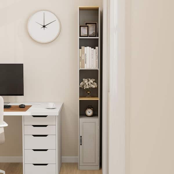 White 6-Tier Narrow Freestanding Bathroom Cabinet with 1 Door and 2 Adjustable Shelves, Bookcase Display Storage Shelves