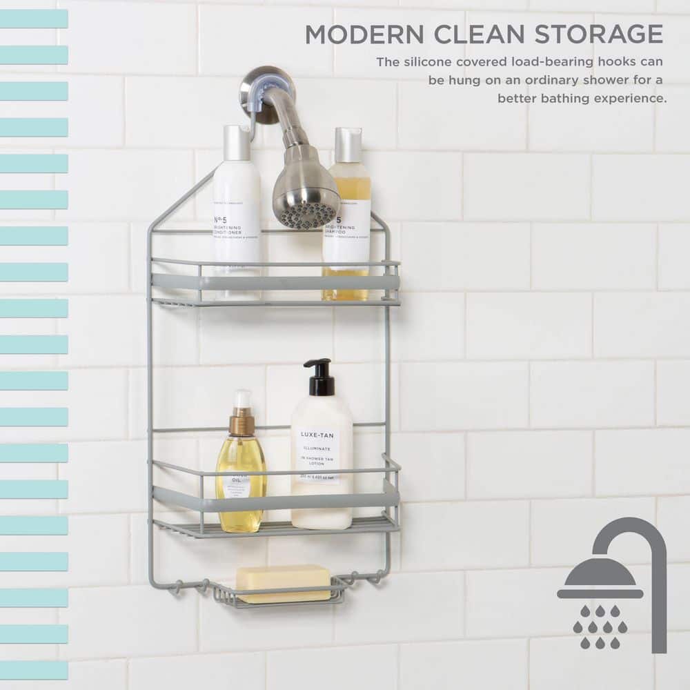 Gray Metal 2-Tier Suction Mount Shower Organizer